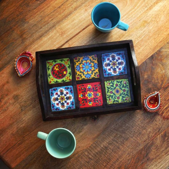 Indune Wooden and Ceramic Tile Tray Wood-ceramic-serving-tray
