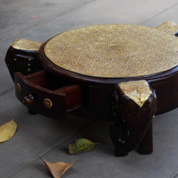 Wooden Three Elephant Chowki - Brass Art