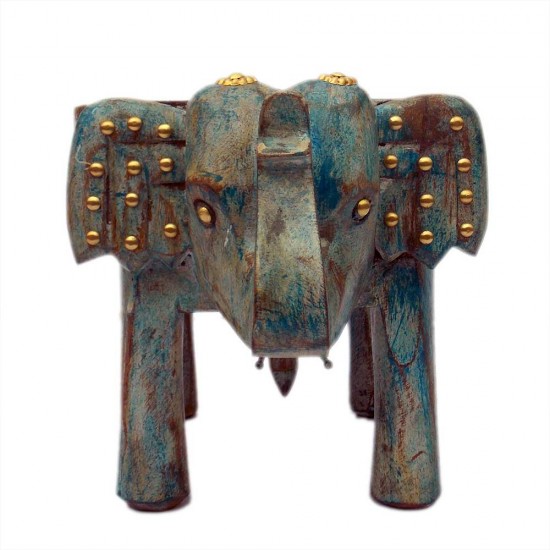 Wooden Elephant Brass Art - Distressed Blue