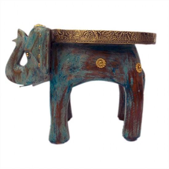 Wooden Elephant Brass Art - Distressed Blue