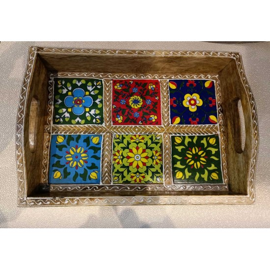 Ceramic Tile -Blocked Wooden Serving Tray (6 Tile , 8 x 12 Inches)