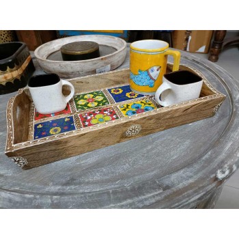 Ceramic Tile -Blocked Wooden Serving Tray (8 Tile , 8 x 15 Inches)