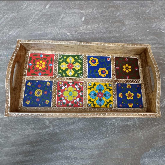 Ceramic Tile -Blocked Wooden Serving Tray (8 Tile , 8x15)