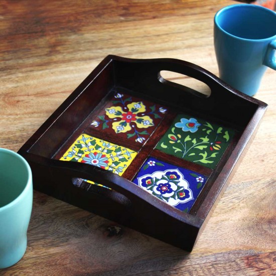 Indune Wooden and Ceramic Tile Tray Wood-ceramic-serving-tray