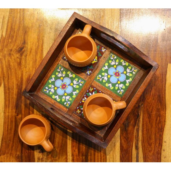 Decorative tray with wood and ceramic tiles serving-tray-wood