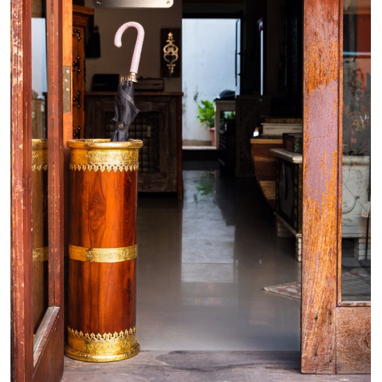 Wooden Umbrella Stand/ Cylindrical Planter with Brass art height 21 inches Wooden Umbrella Stand/ Cylindrical Planter with Brass art height 21 inches