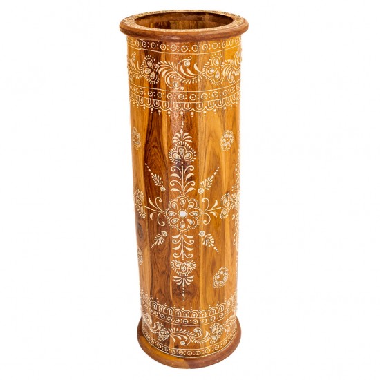 Wooden Umbrella Stand / Cylindrical Planter With White Floral Motif