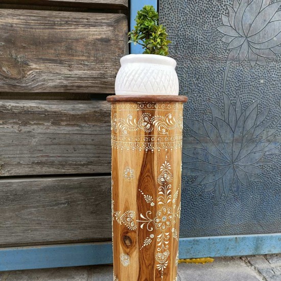 Wooden Umbrella Stand / Cylindrical Planter With White Floral Motif