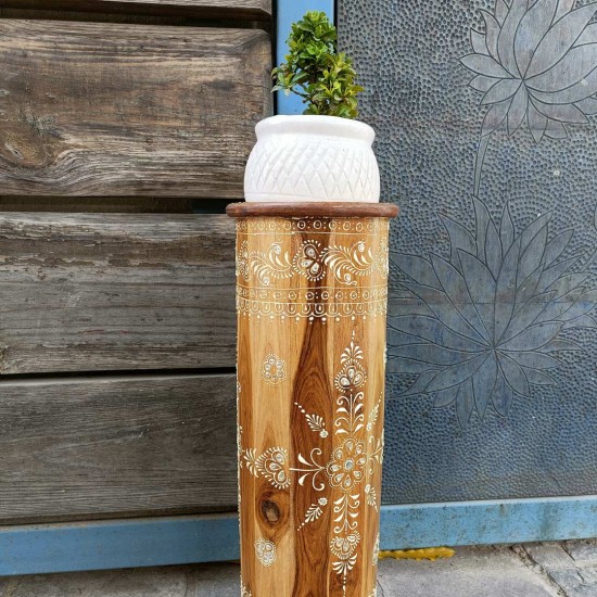 Wooden Umbrella Stand / Cylindrical Planter With White Floral Motif Wooden Umbrella Stand / Cylindrical Planter With White Floral Motif