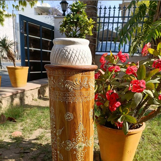 Wooden Umbrella Stand / Cylindrical Planter With White Floral Motif