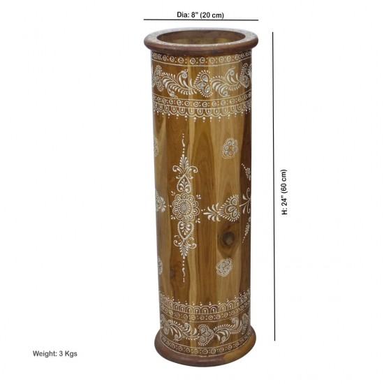 Wooden Umbrella Stand / Cylindrical Planter With White Floral Motif Wooden Umbrella Stand / Cylindrical Planter With White Floral Motif