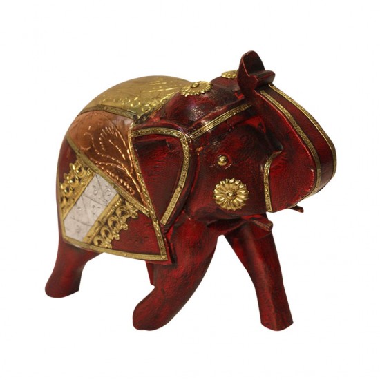 Distressed Burgundy Wooden Elephant with brass and copper artwork Distressed Burgundy Wooden Elephant with brass and copper artwork