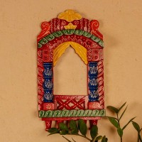 Colorful handpainted wooden jharokha frame with red, blue, and yellow detailing, inspired by traditional Indian architecture.