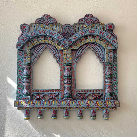 Hand painted Wooden Double Jharokha in Blue