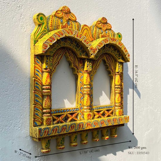 Hand painted Wooden Double Jharokha in Yellow