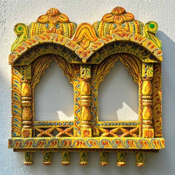 Hand painted Wooden Double Jharokha in Yellow