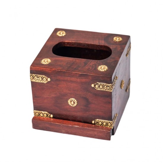 Wooden Square Tissue Box with Brassart