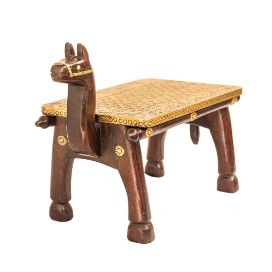 Wooden Camel Stool with Embossed Brassart