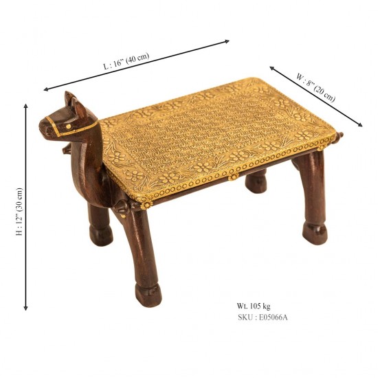 Wooden Camel Stool with Embossed Brassart