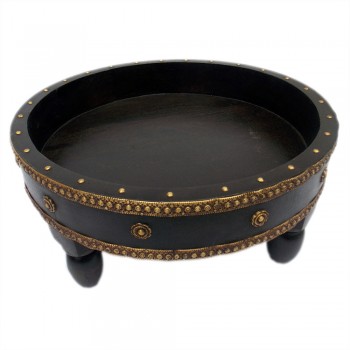 Wooden Ghatti Stool Polished , Embossed Brass Art