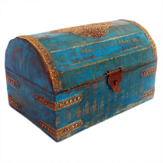 Wooden Box Half Round , Rustic Blue, Embossed Brass Art