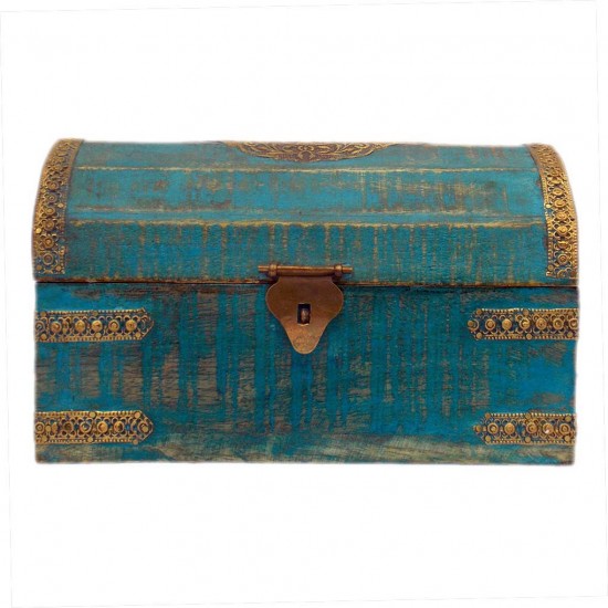 Wooden Box Half Round , Rustic Blue, Embossed Brass Art