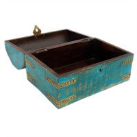 Wooden Box Half Round , Rustic Blue, Embossed Brass Art