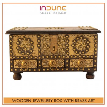 Wooden Jewellery Box Brass Art with 3 Drawers
