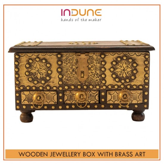 Wooden Jewellery Box Brass Art with 3 Drawers