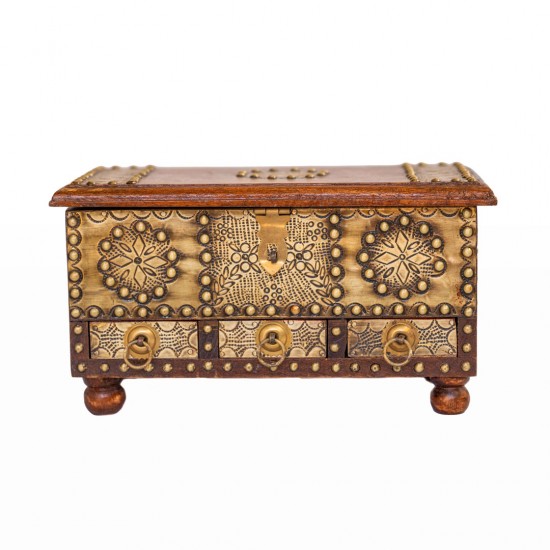 Wooden Jewellery Box Brass Art with 3 Drawers