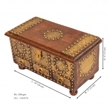 Wooden Jewellery Box Brass Art with 3 Drawers