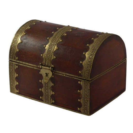 Wooden Round Top Treasure Box Embossed Brass Art - Set of Three