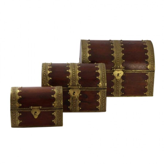 Wooden Round Top Treasure Box Embossed Brass Art - Set of Three Wooden Round Top Treasure Box Embossed Brass Art - Set of Three