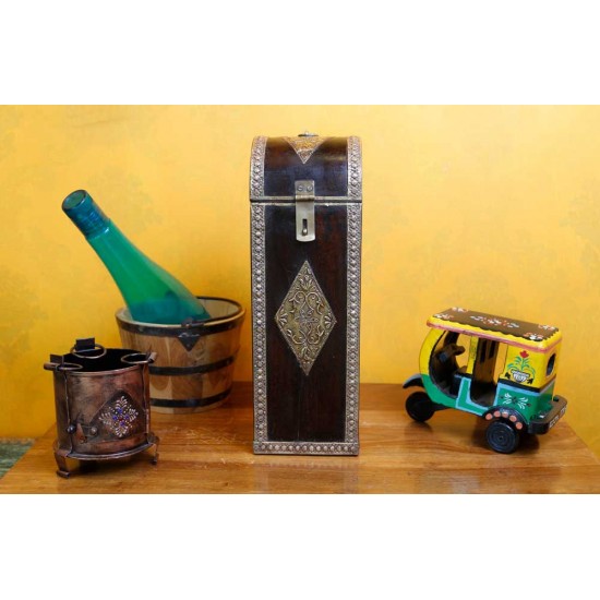 Polished Bottle Case with Brass Art (Assorted Colour & Designs) Polished Bottle Case with Brass Art (Assorted Colour & Designs)