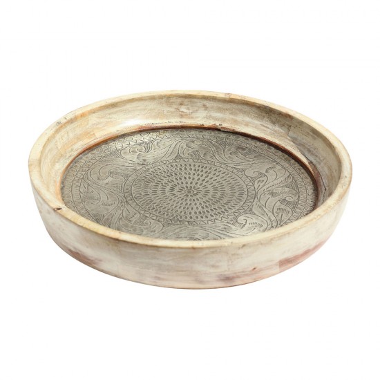 Wooden Rustic Bowl-Tray with Embossed Brass Art