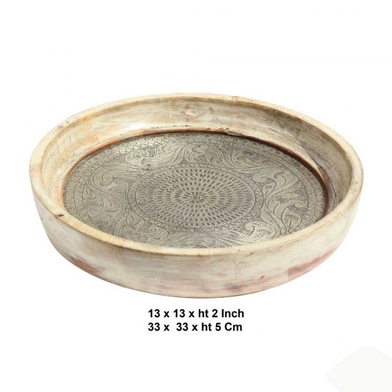 Wooden Rustic Bowl-Tray with Embossed Brass Art