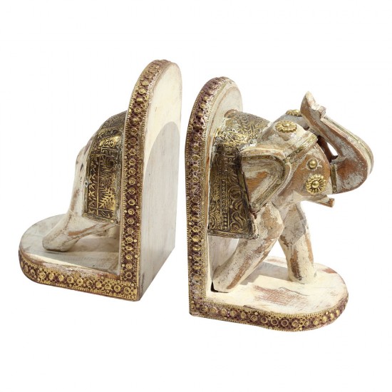 Wooden Elephant Rustic White Book Ends Set