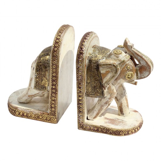 Wooden Elephant Rustic White Book Ends Set Wooden Elephant Rustic White Book Ends Set