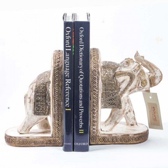 Wooden Elephant Rustic White Book Ends Set Wooden Elephant Rustic White Book Ends Set