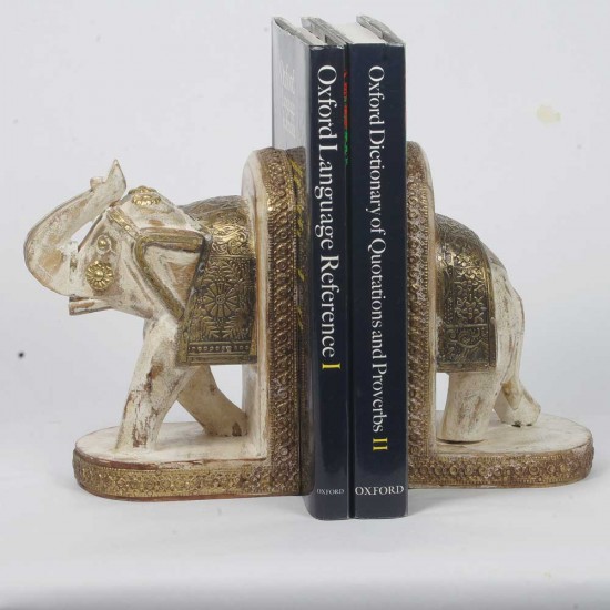 Wooden Elephant Rustic White Book Ends Set