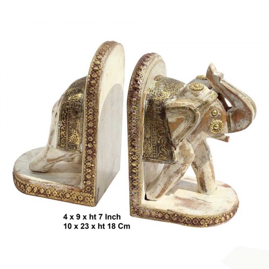 Wooden Elephant Rustic White Book Ends Set Wooden Elephant Rustic White Book Ends Set