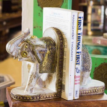 Wooden Elephant Rustic White Book Ends Set