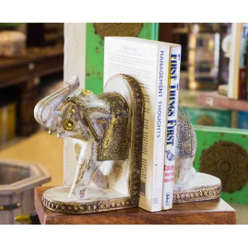 Wooden Elephant Rustic White Book Ends Set