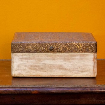 Distressed white wooden box with brass embossed top Distressed white wooden box with brass embossed top