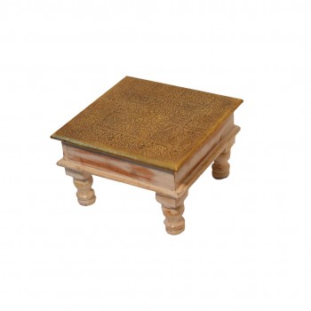 Distressed White Chowki with Brass Embossed Top