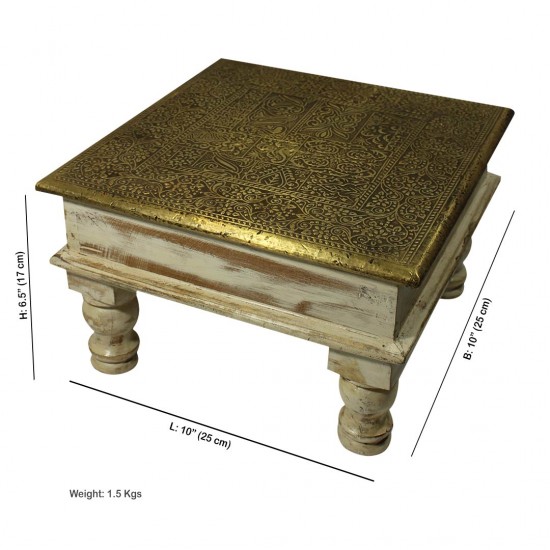 Distressed White Chowki with Brass Embossed Top Distressed White Chowki with Brass Embossed Top