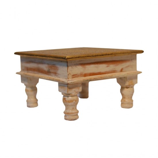 Distressed White Chowki with Brass Embossed Top Distressed White Chowki with Brass Embossed Top