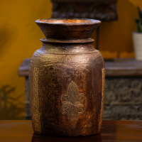 Vintage Himachali wooden pot – handcrafted rustic wood vessel front view Vintage Himachali wooden pot – handcrafted rustic wood vessel front view