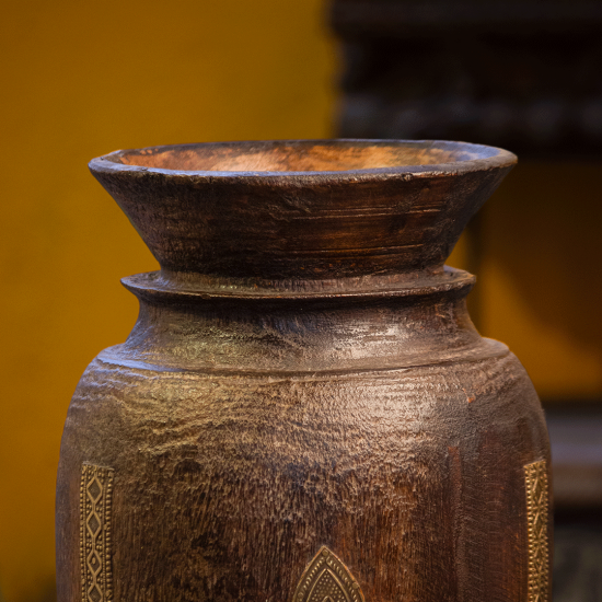 Vintage Himachali wooden pot – handcrafted rustic wood vessel front view Vintage Himachali wooden pot – handcrafted rustic wood vessel front view