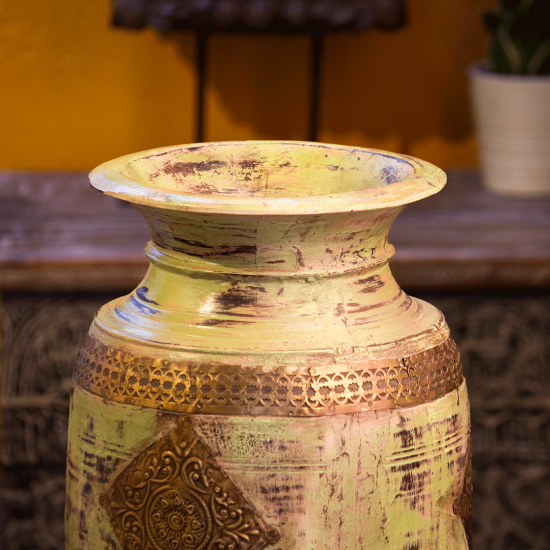 Distressed green wooden pot – rustic wooden planter front view